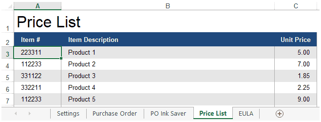 Purchase Order - Simple Price List