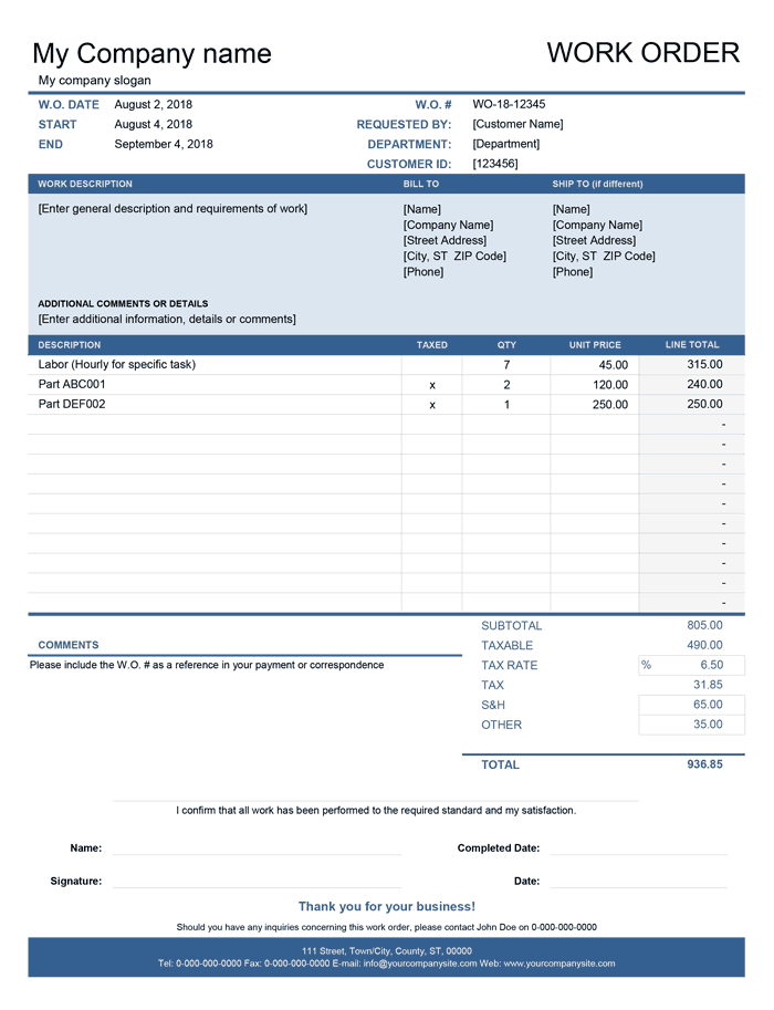Work Orders A Free Work Order Template For Excel